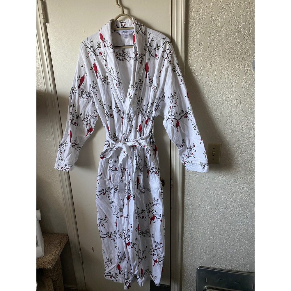 Vermont Country Store Womens Red Cardinal Flannel Robe White Long Sleeve 2XL